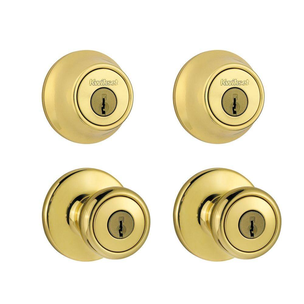 Kwikset Tylo Polished Brass Exterior Entry Door Knob and Single Cylinder Deadbolt Project Pack Combo Pack 92420-031