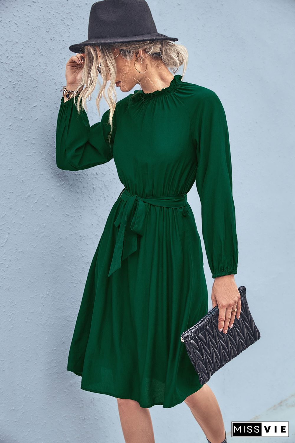 Plain Ruffle Neck Raglan Sleeves High Waist Midi Dress