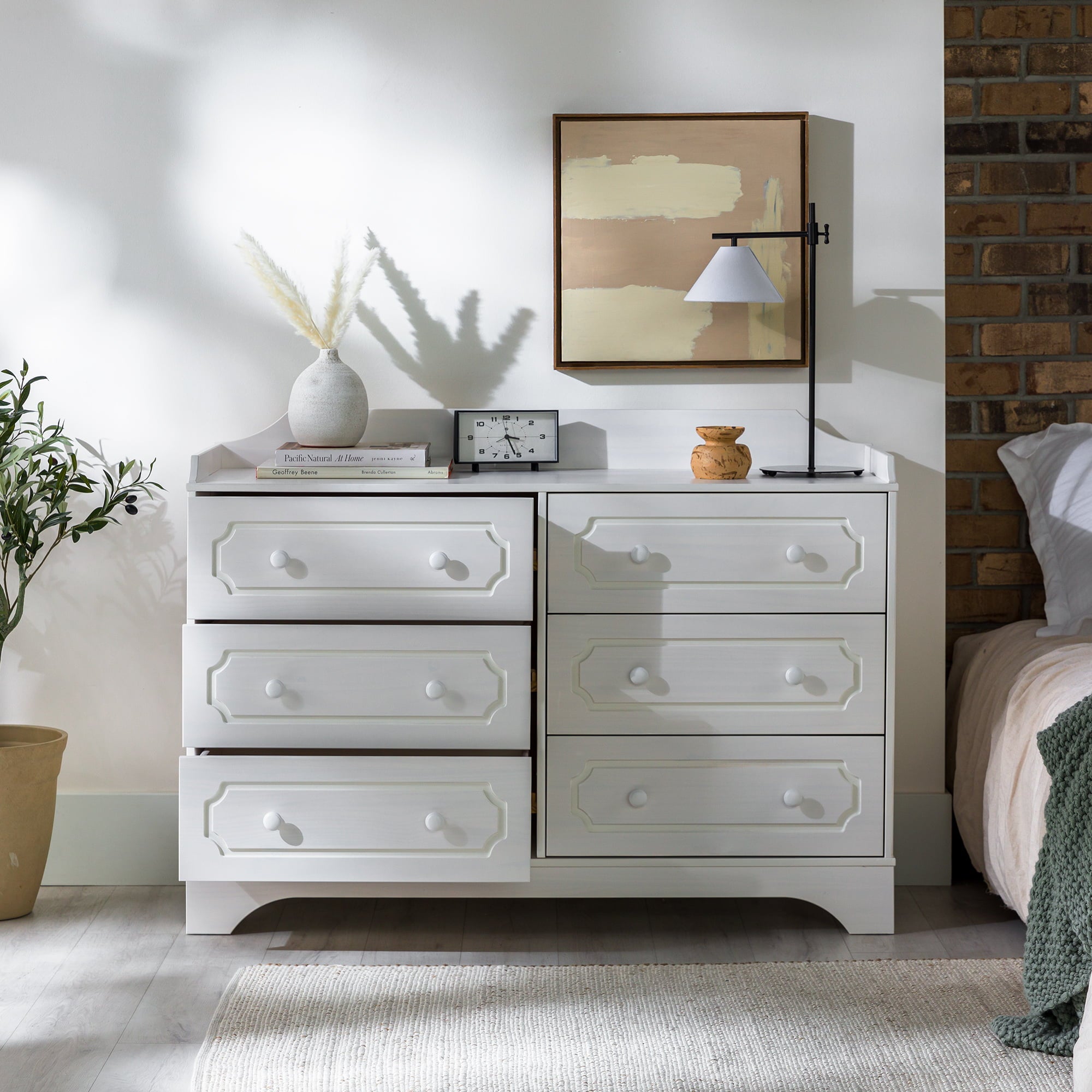 Manor Park Classic Gallery-Top Beveled 6-Drawer Dresser, White