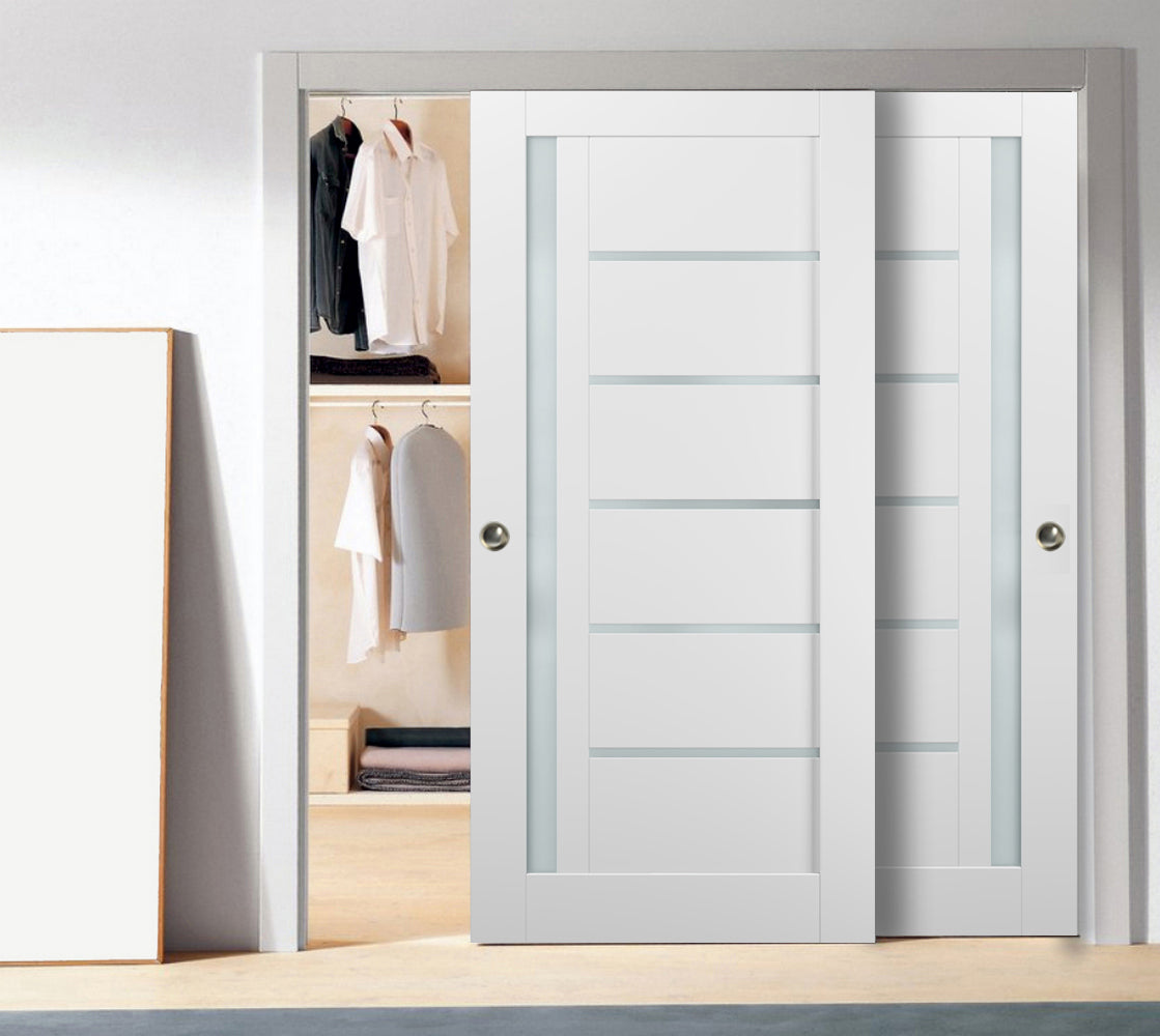 Sliding Closet Bypass Doors 84 x 96 with hardware | Quadro 4088 White Silk with Frosted Opaque Glass | Sturdy Top Mount Rails Moldings Trims Set | Kitchen Lite Wooden Solid Bedroom Wardrobe Doors