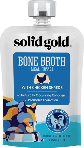 Solid Gold Bone Broth Chicken Shreds Grain-Free Wet Cat Food Topper， 3-oz， case of 12