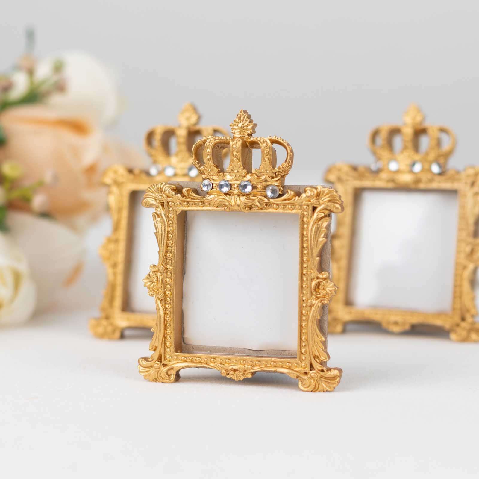 4 Pack Gold Resin Royal Crown Square Party Favors Picture Frame, Baroque Wedding Place Card Holders - 3.5