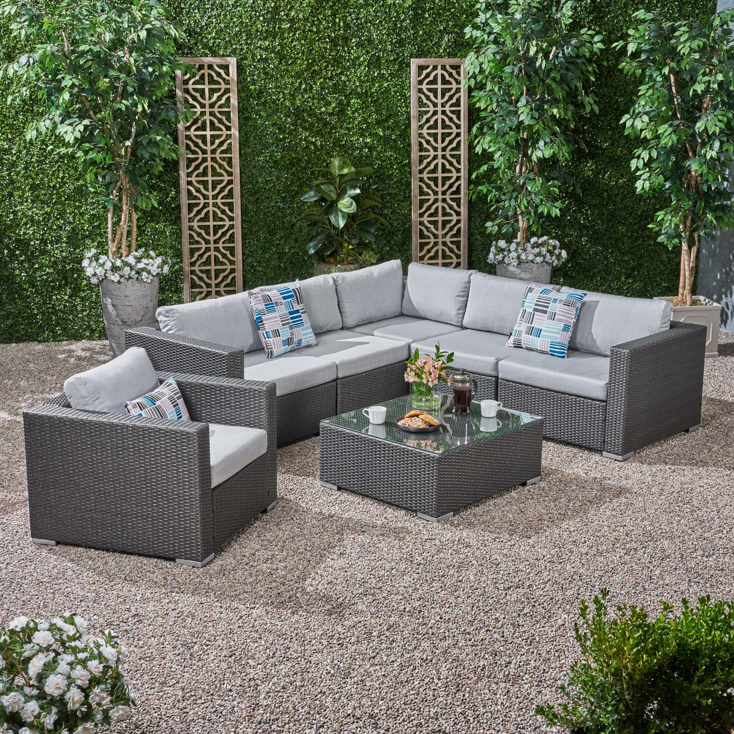 Kyra Outdoor 6 Seater Wicker Sectional Sofa Set with Sunbrella Cushions