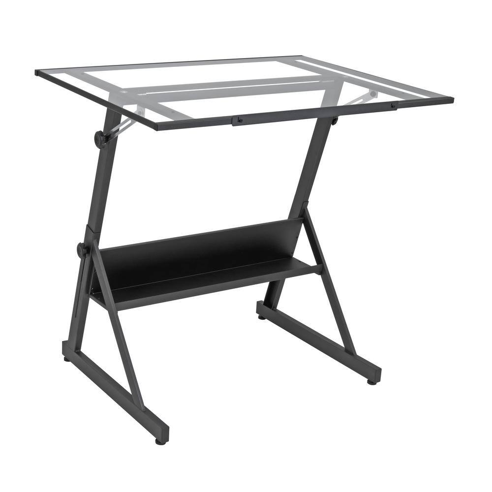 Studio Designs Solano 42 in. W DrawingWriting Desk in Charcoal Black  Clear Glass with Adjustable Top and Storage Shelf 13346