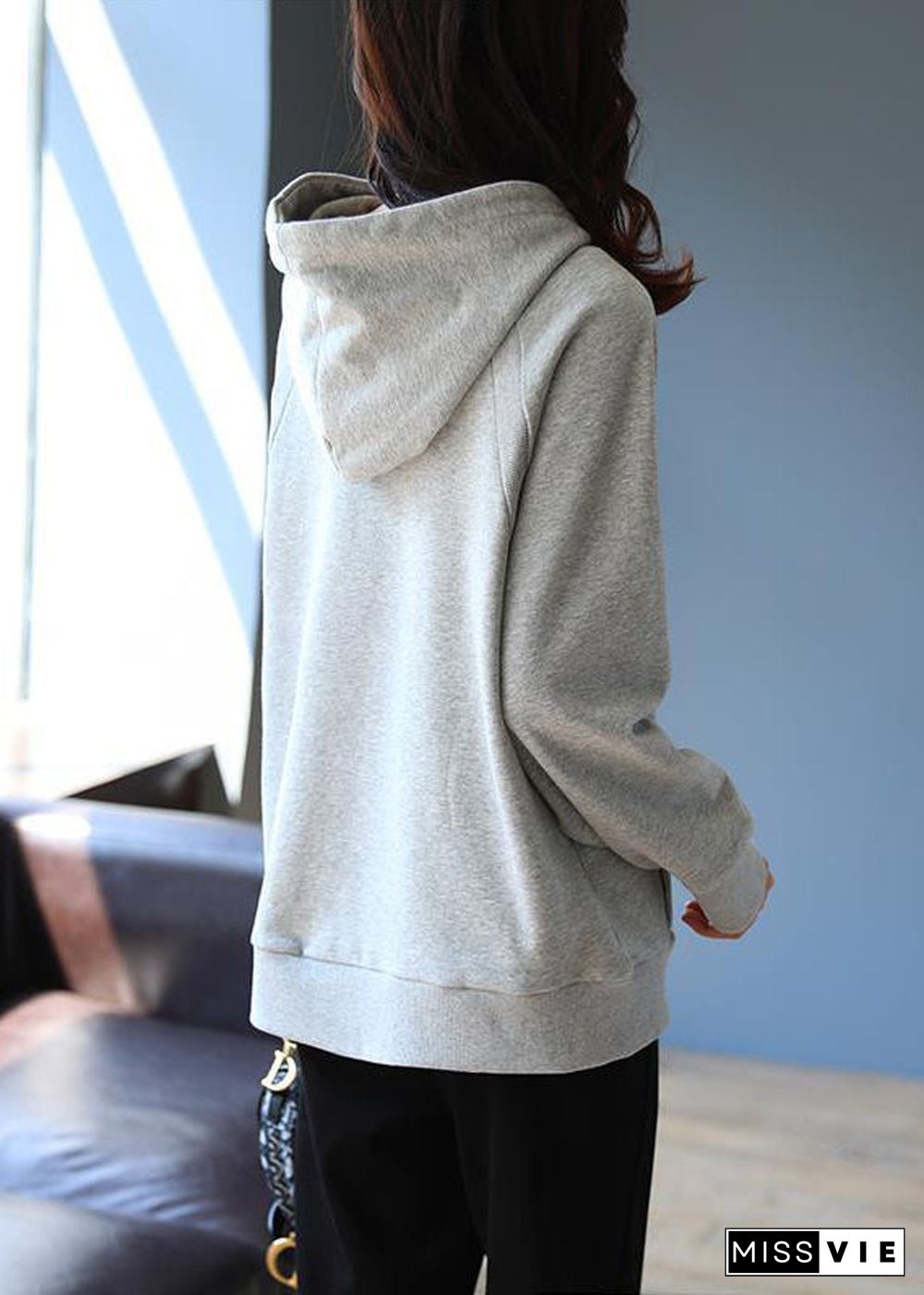 Modern Grey Hooded Pockets Cotton Pullover Sweatshirt Fall