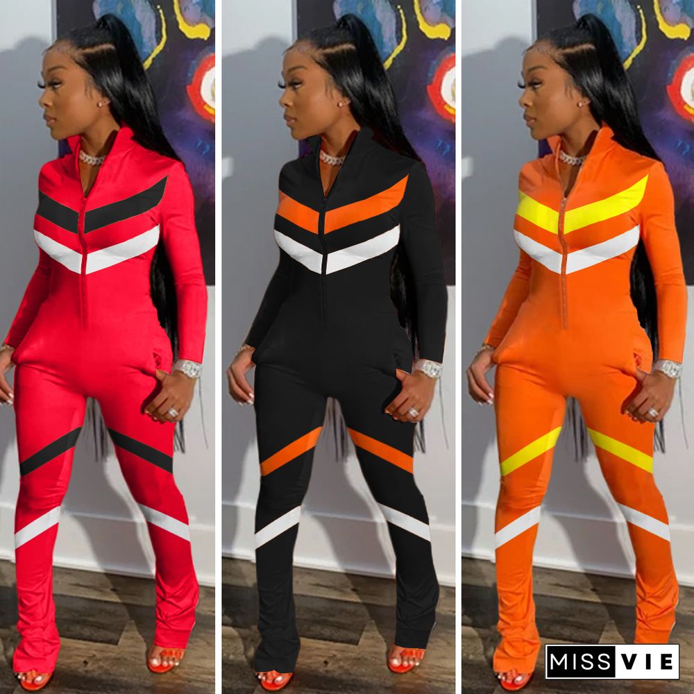 Women's Matching Color Zipper Long Sleeve Casual Jumpsuit