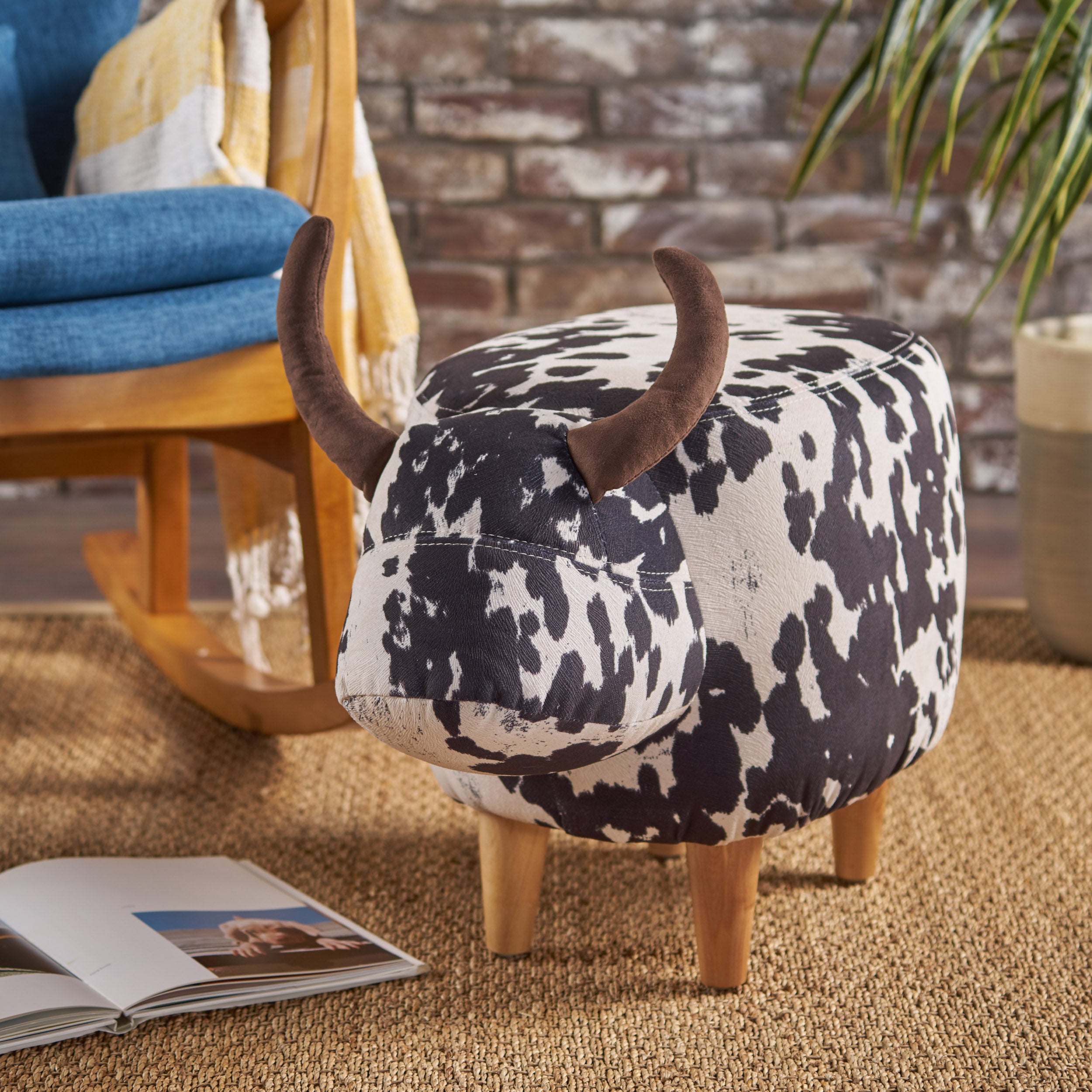 Bertha Milk Cow Patterned Velvet Ottoman