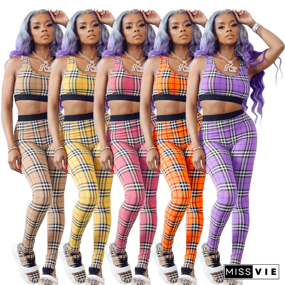 Summer New Arrivals Women Clothing Plaid Print Sleeveless Vest Crop Top Pants Streetwear Two Piece Set