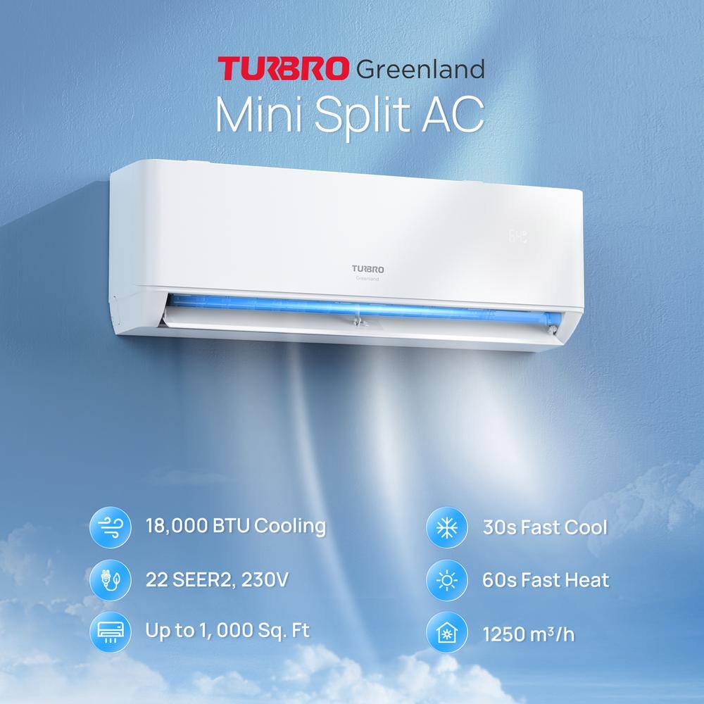 TURBRO Greenland 18000 BTU Ductless Mini Split AC with Heat Pump WiFi-Enabled 22 SEER2230V GL18K230