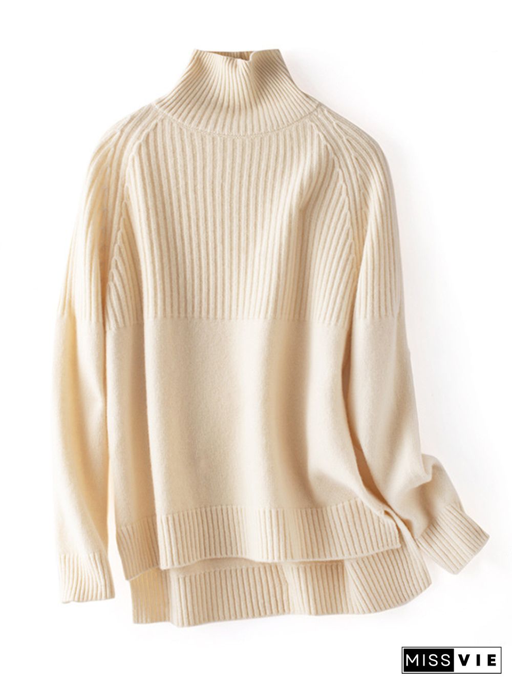 Casual Long Sleeves Loose Solid Color High-Neck Sweater Tops