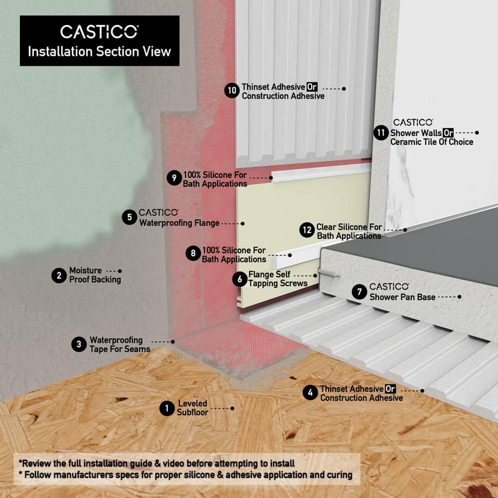 CASTICO 60 in L x 32 in W x 1125 in H Solid Composite Stone Shower Pan Base with LR Drain in White Sand