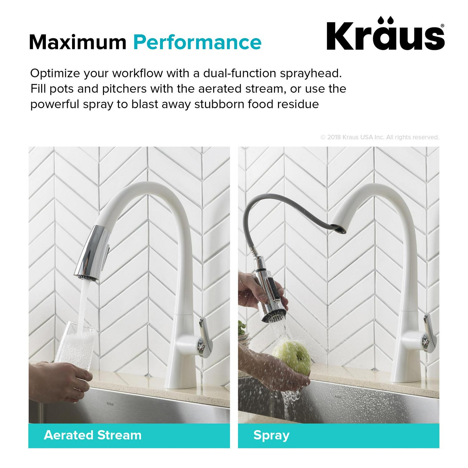 KRAUS Nolen Dual Function Pull-Down Kitchen Faucet， Chrome/White Finish