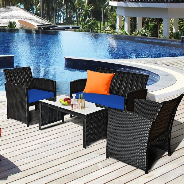 Costway 8PCS Patio Rattan Furniture Conversation Set Cushion Sofa