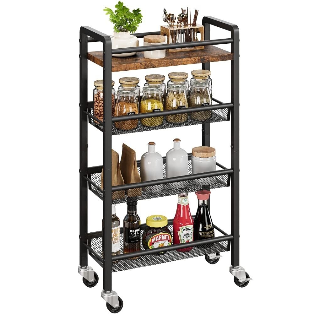 4 Tier Rolling Cart Kitchen Storage Cart with Handle and Lockable Casters