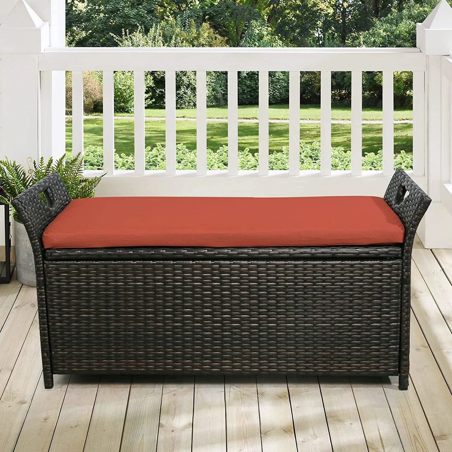 Officery Patio Storage Bench Outdoor Rattan Deck Storage Box with Red Cushion