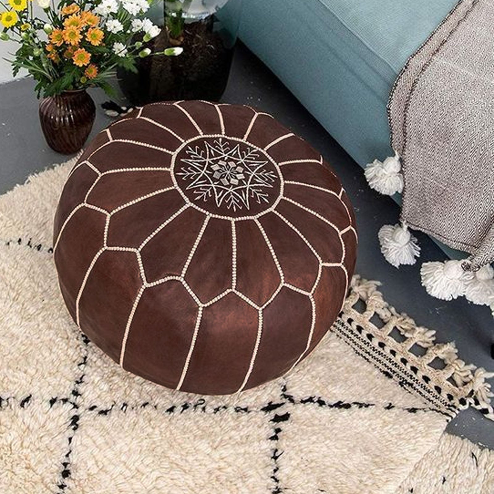 Handmade Genuine Leather Moroccan Style Pouf Pouf Morocco-Brown