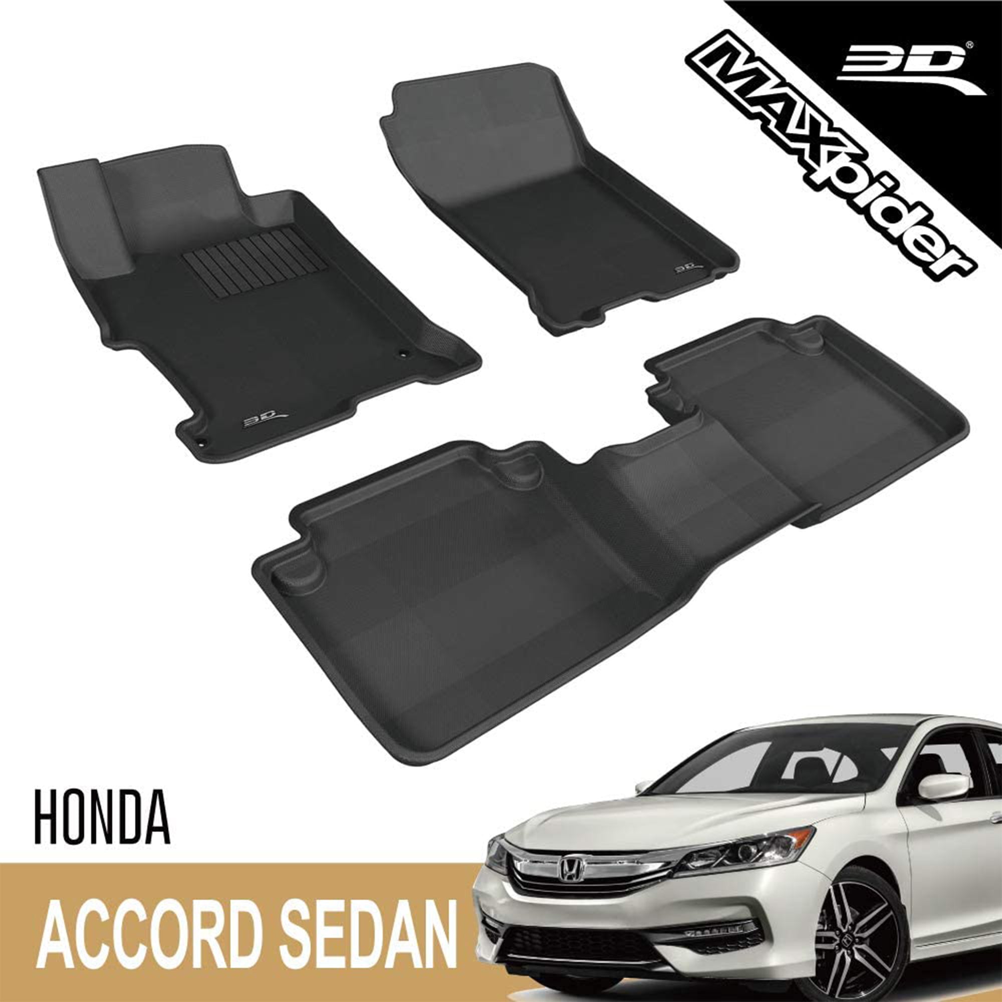 3D MAXpider Kagu Floor Mat Set, 2013-2017 Honda Accord, 1st & 2nd Row Set, Black