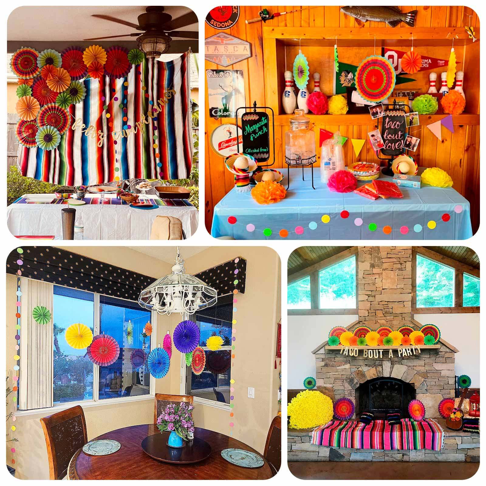 20Pcs Multicolored Hanging Fiesta Themed Party Decorations Kit, Paper Fans, Pom Pom Flowers, Polka Dot and Bunting Flag Garlands Included