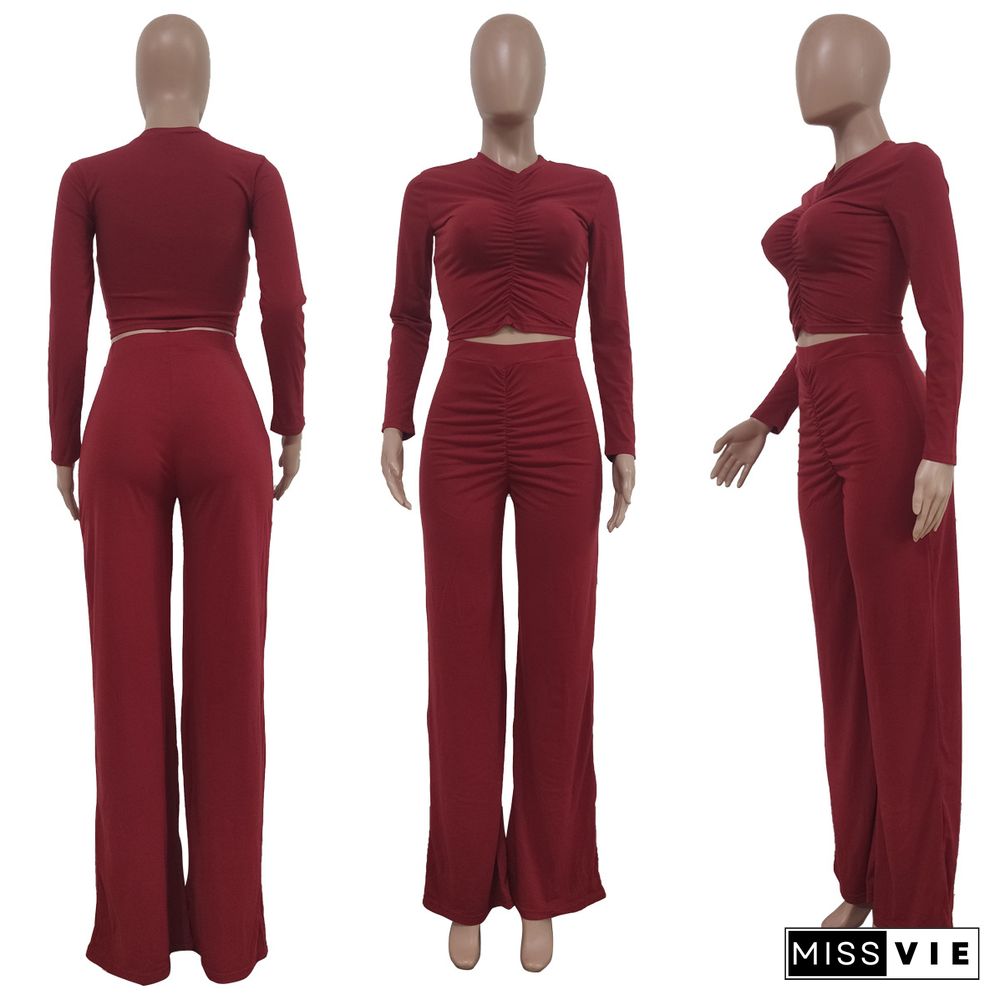 Casual Pleated Crop Top Wide Leg Pants Set