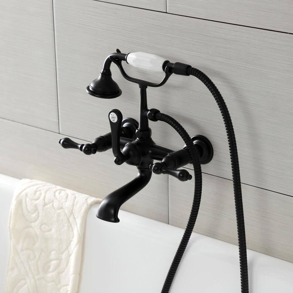 Kingston Brass Aqua Vintage 3-Handle Wall-Mount Clawfoot Tub Faucets with Hand Shower in Matte Black HAE551T0