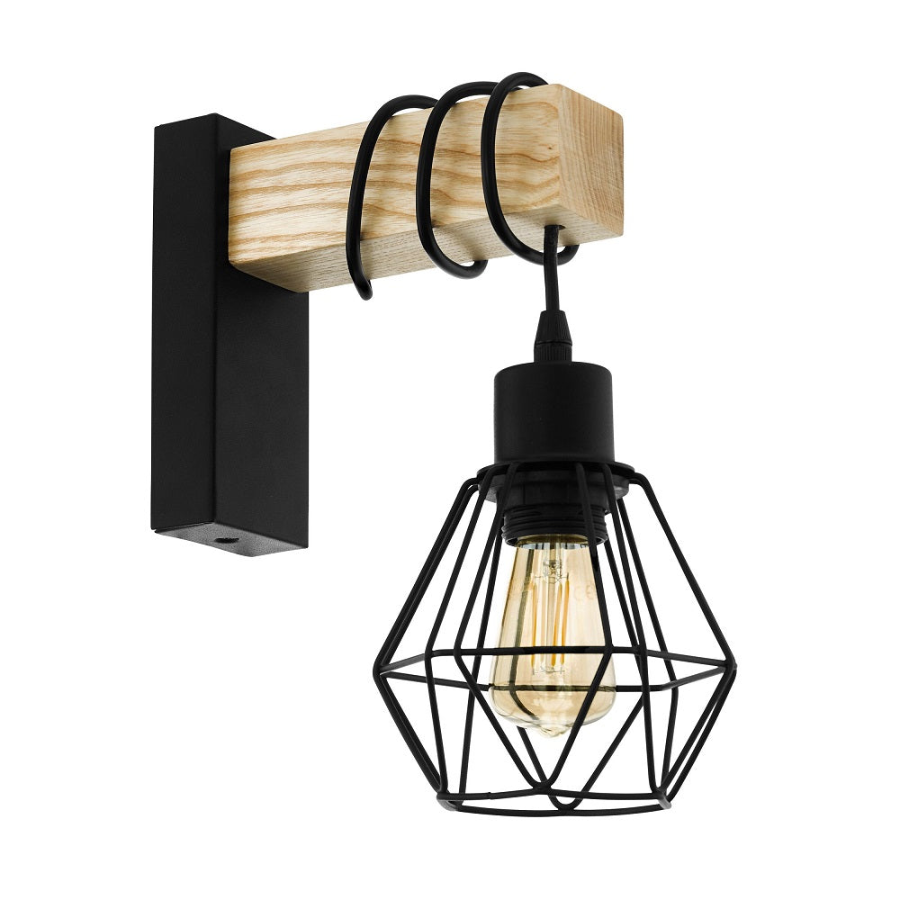 Eglo 43135 Townshend Black & Oak Wood Vintage Wire Cage Wall Light