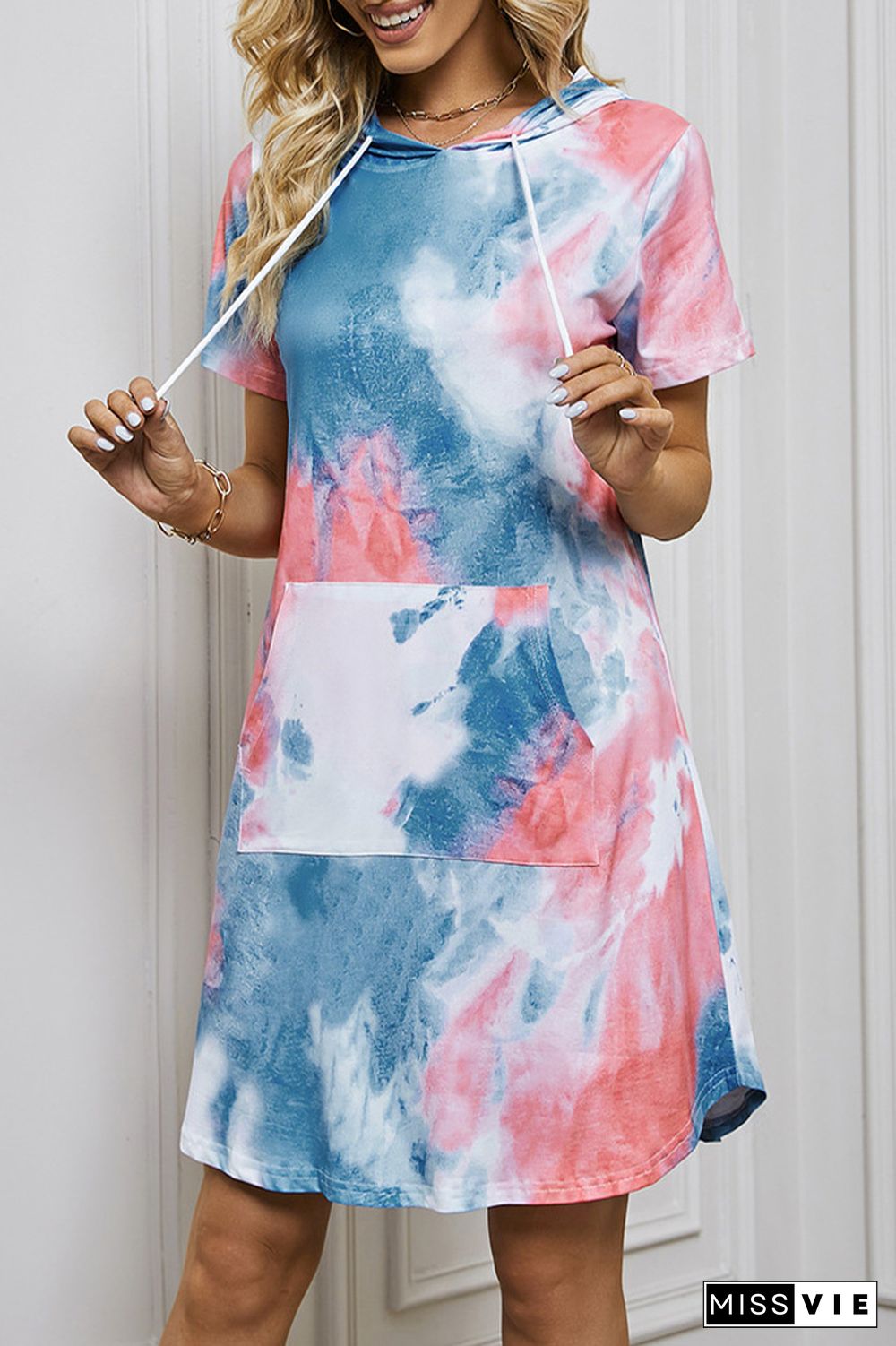 Blue Tie Dye Kangaroo Pocket Short Sleeves Hoodies Dress