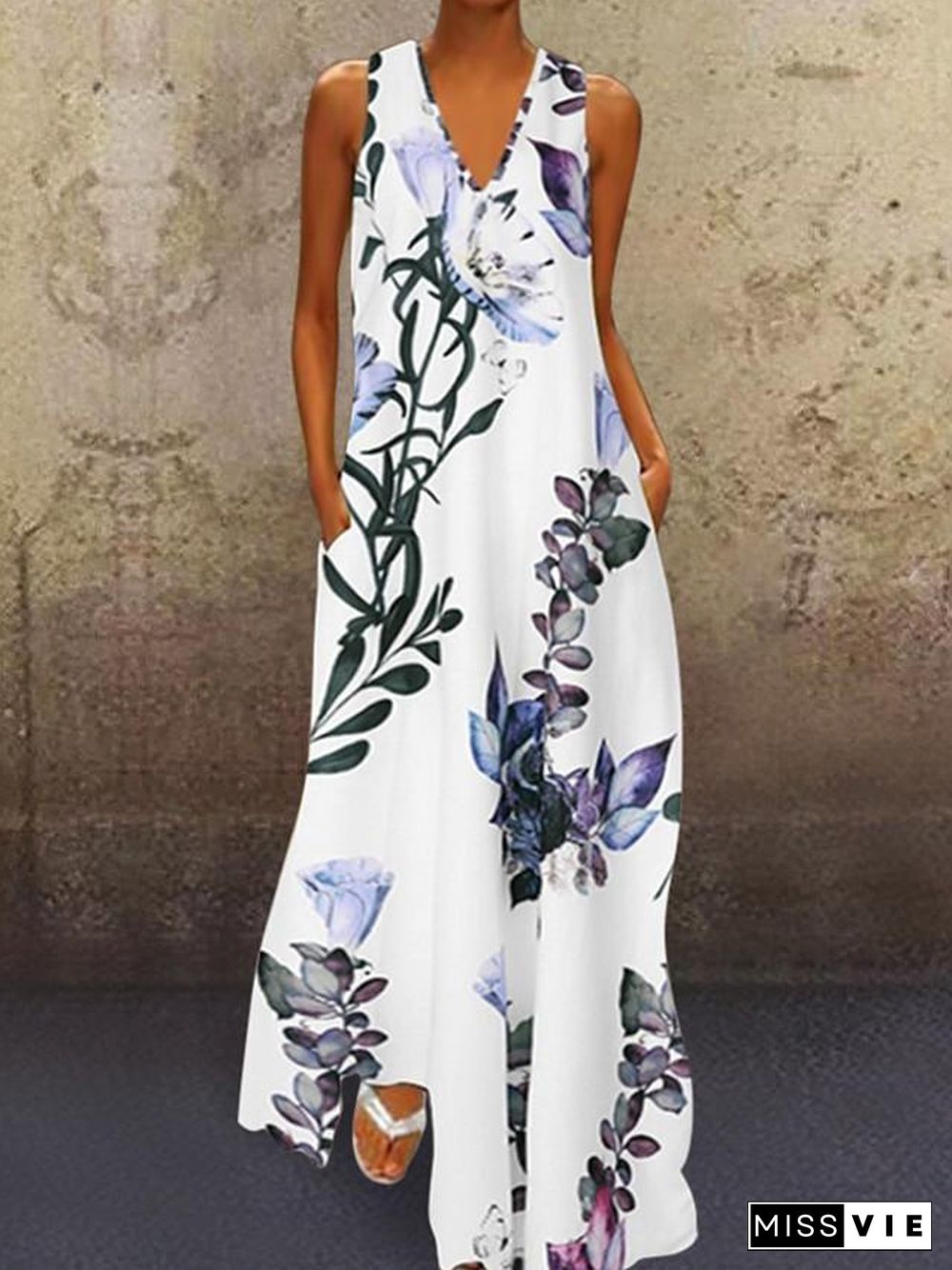 Women's A-Line Dress Maxi long Dress Sleeveless Floral Print Summer V Neck Plus Size Hot Casual Holiday Loose White Blue Yellow S M L XL XXL 3XL 4XL 5XL White Dresses