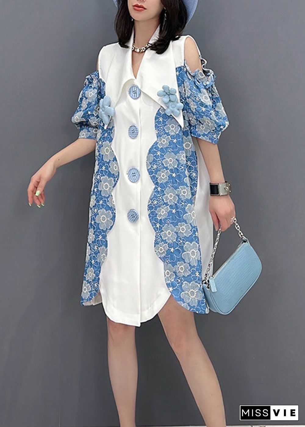 Cute Women Blue Peter Pan Collar Print Button Shirts Mid Dress Sleeve