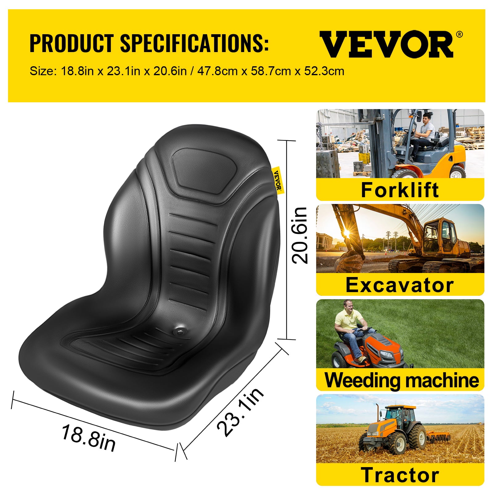 VEVOR Yamaha Tractor Seat High Back Mower Seat Black Vinyl Forklift Drain Hole with Mounting Bolt Patterns of 8