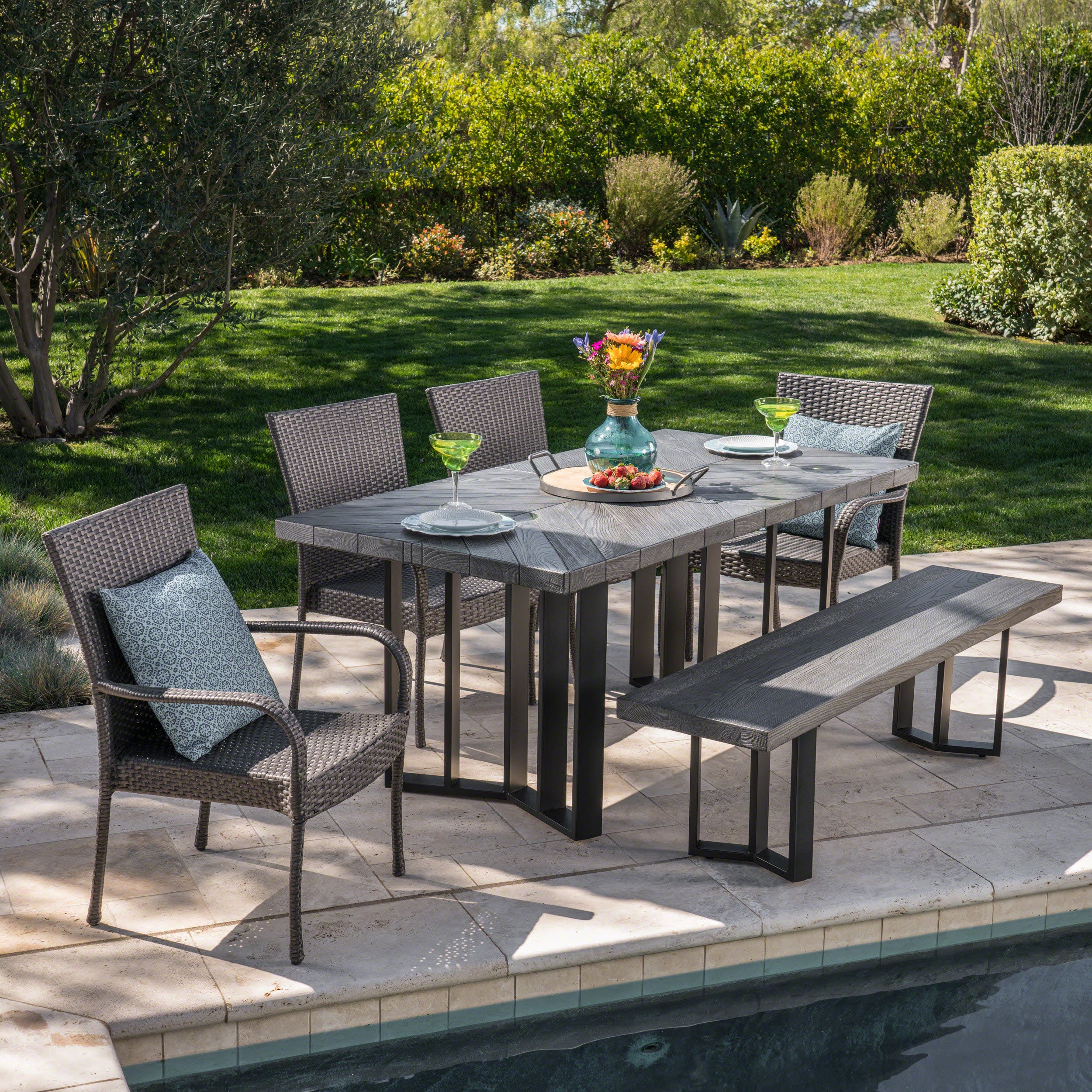 Fiona Outdoor 6 Piece Wicker Dining Set with Concrete Dining Table and Bench