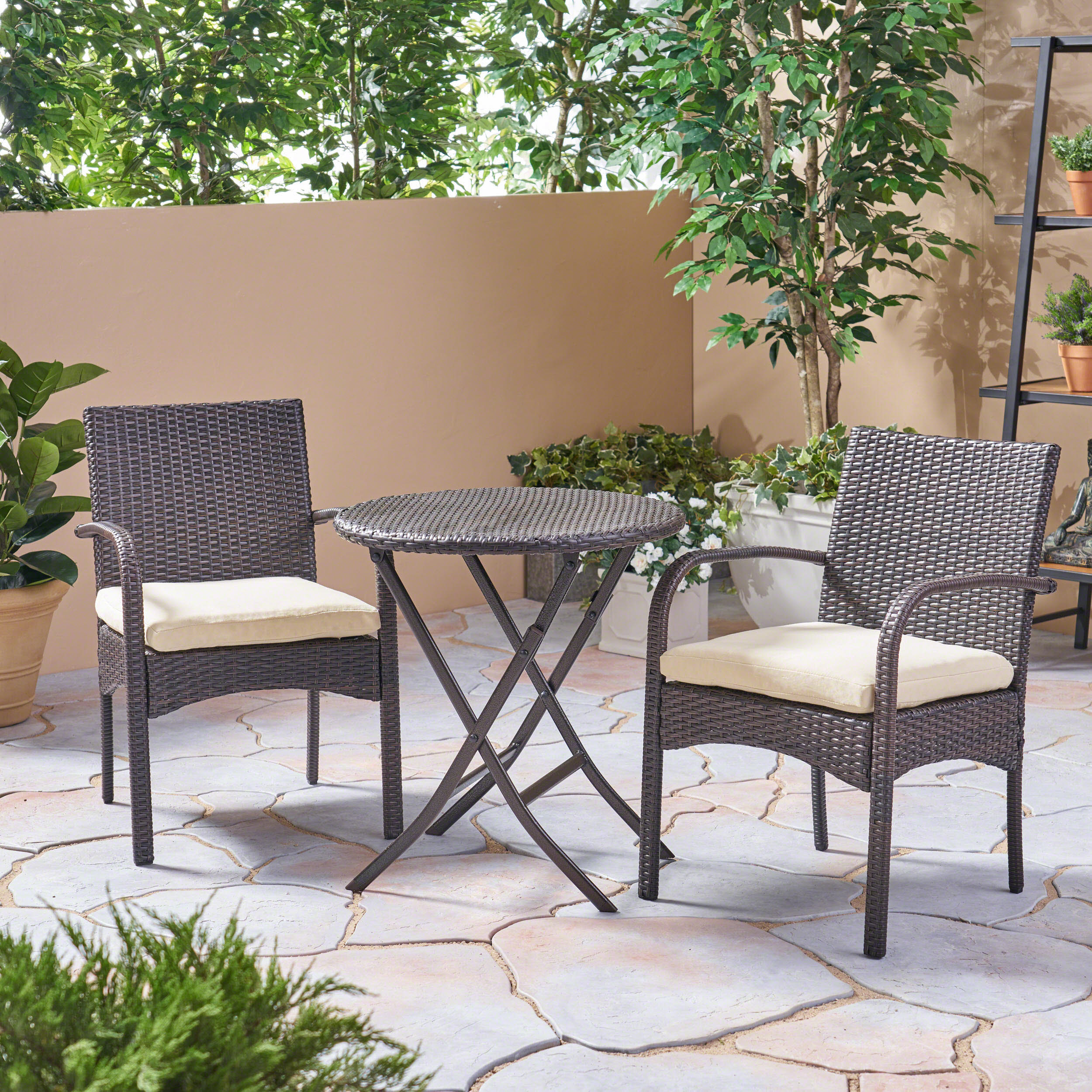 Kevin Outdoor 3 Piece Wicker Bistro Set, Multi Brown with Cream Cushion