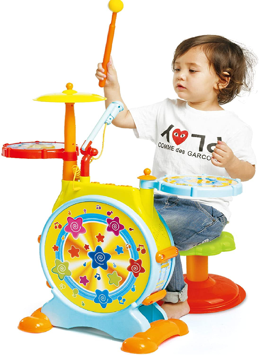 Prextex Kids Drum Set with Working Microphone， Lights， Adjustable Sound， Bass Drum， Pedal， Drum Sticks， and Little Chair for Babies Toddlers and Kids