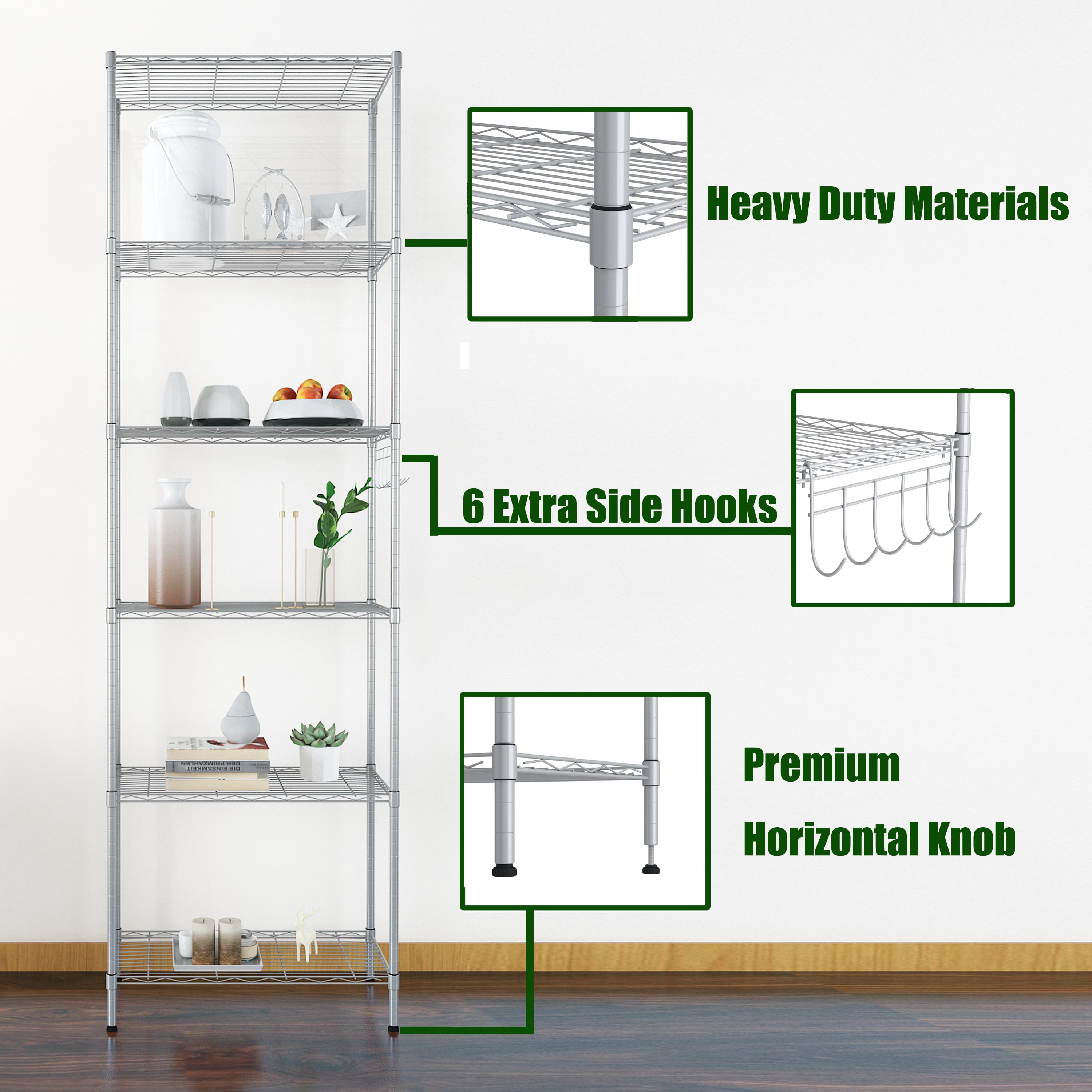 6-Tier Wire Shelving Unit Storage Rack Metal Shelf Organizer with 6 Hooks for Kitchen Bathroom Garage Balcony 21.26