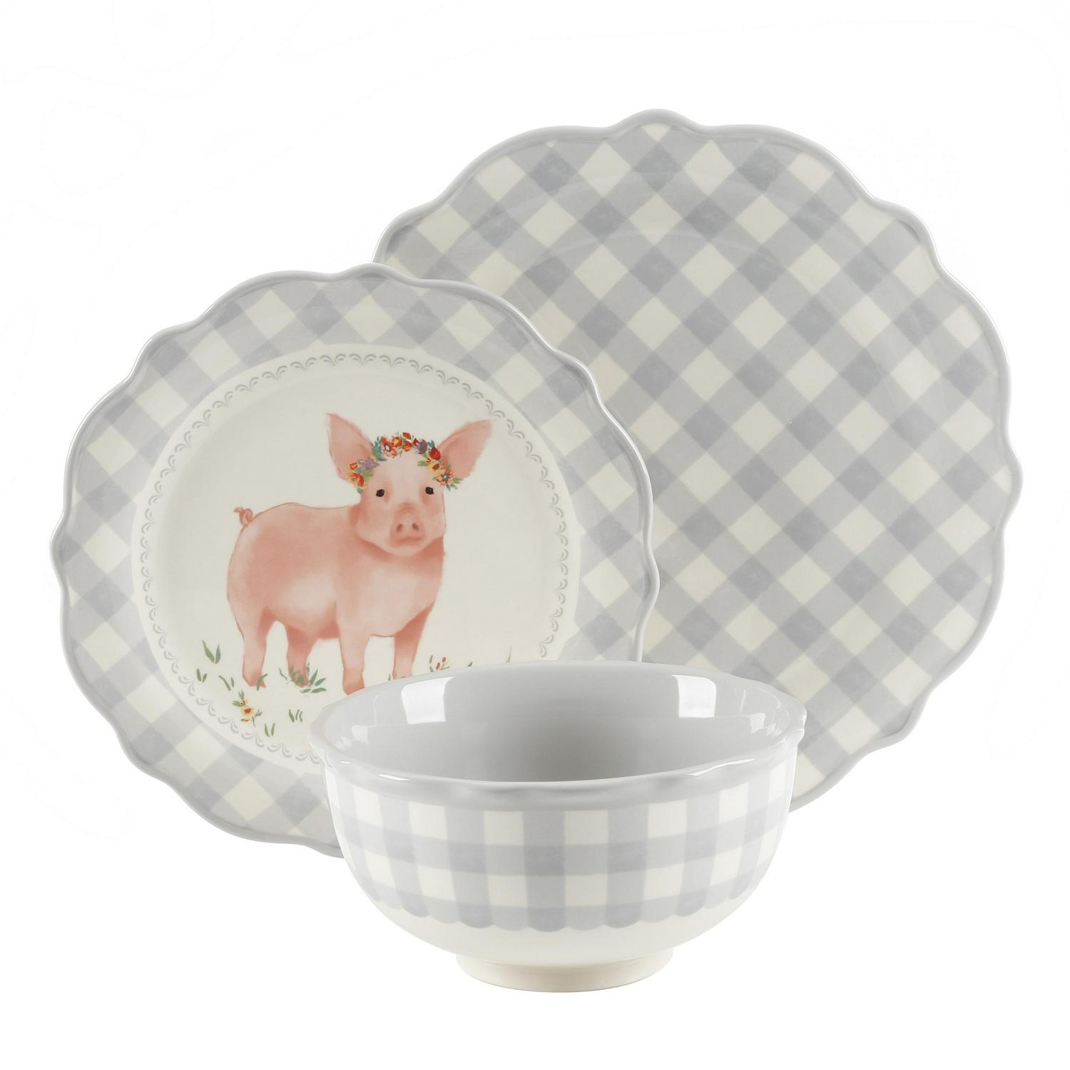 The Pioneer Woman Gingham Grey 12Piece Dinnerware Set  Crowdfused