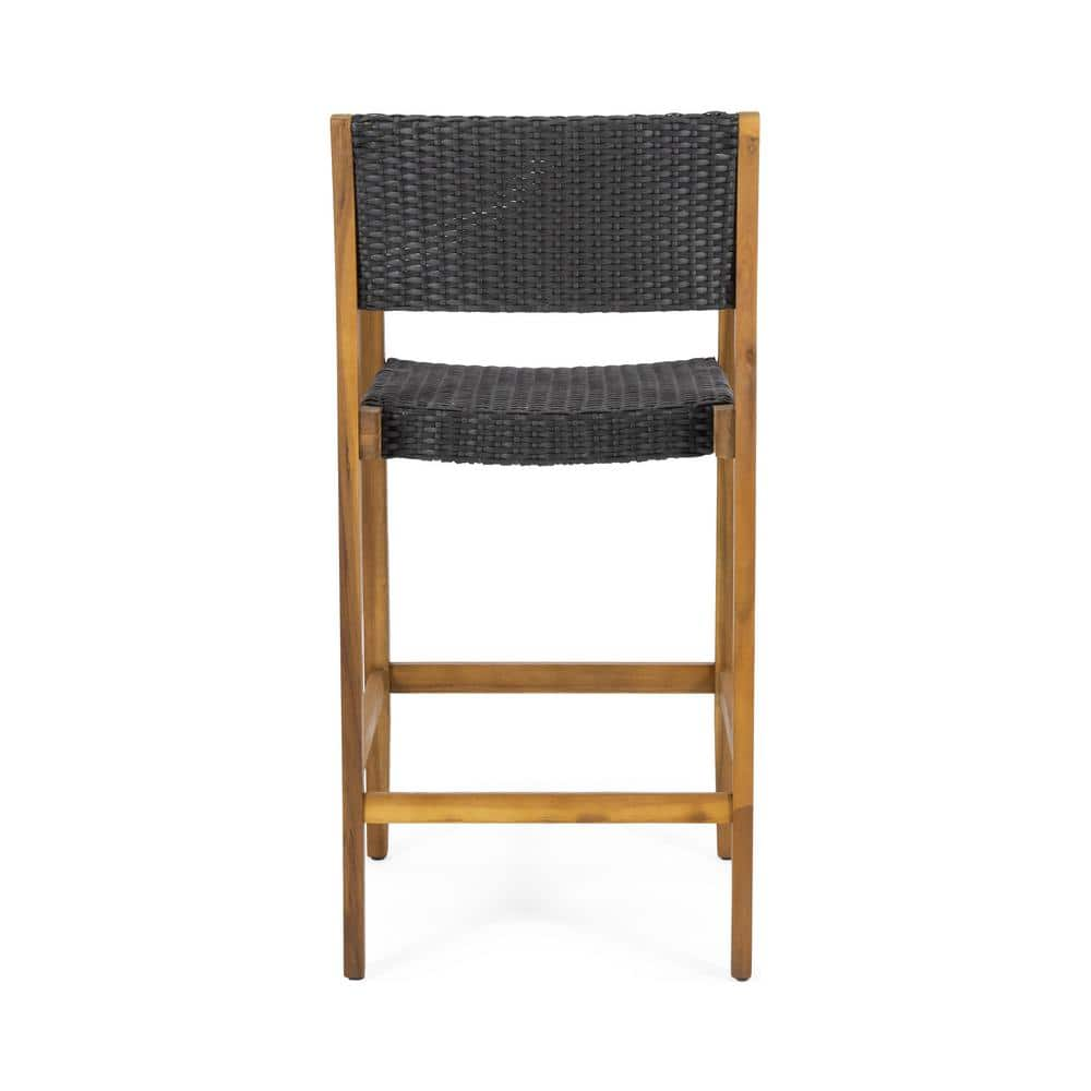 Noble House Genesee Teak Brown Wood Outdoor Bar Stool in Black Faux Wicker Seat (4-Pack) 82962