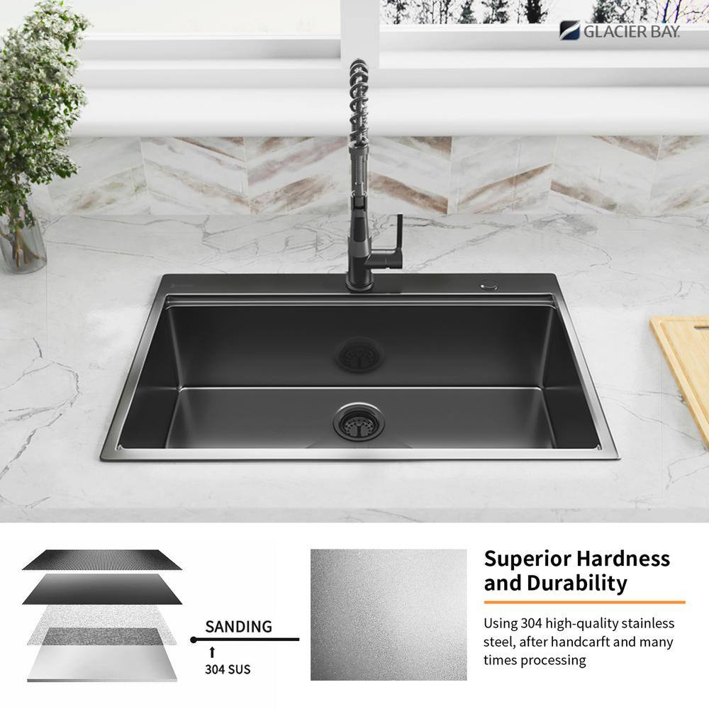 Glacier Bay Gunmetal Black Stainless Steel 32 in. 18 Gauge Single Bowl Dual Mount Workstation Kitchen Sink ACS3222A1T-W