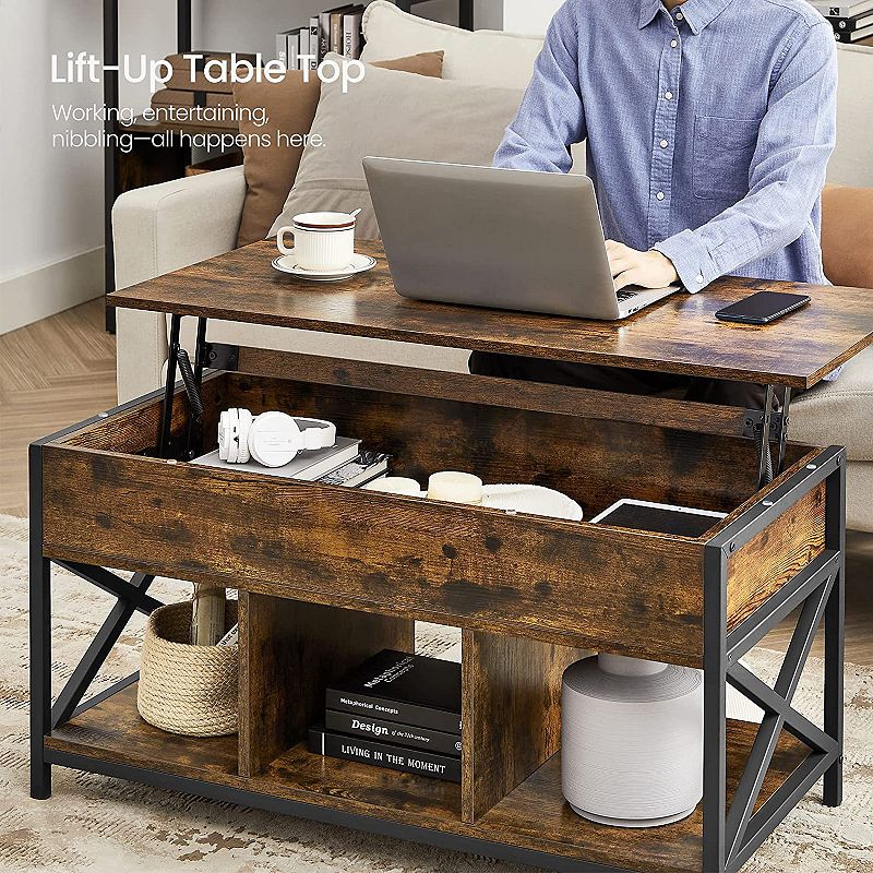 Industrial Lift Top Coffee Table With Hidden Compartments For Living Room