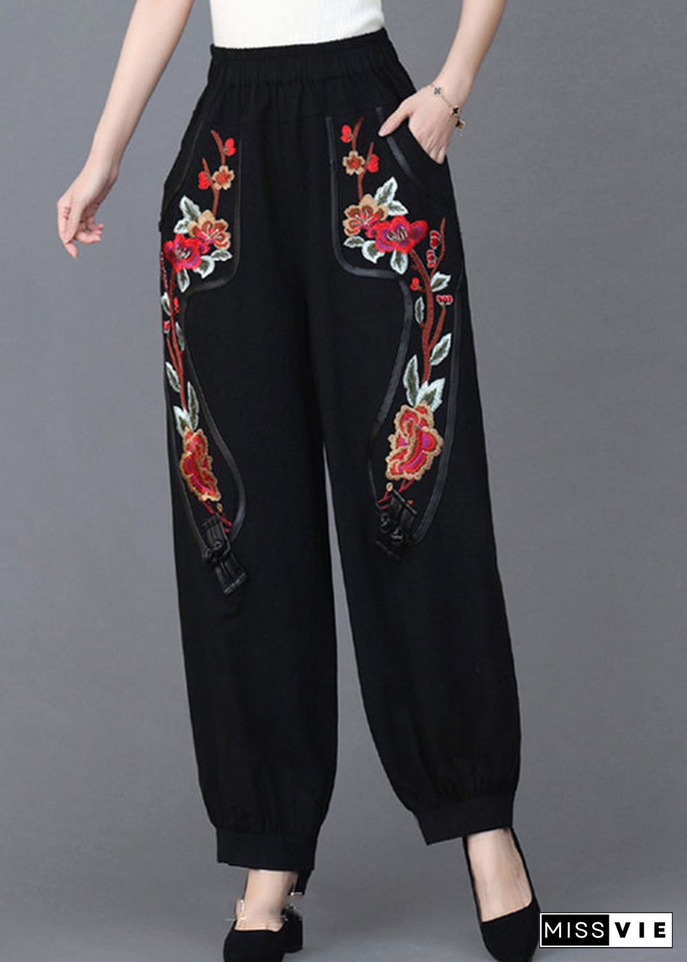 Black Pockets Elastic Waist Linen Pants Fall