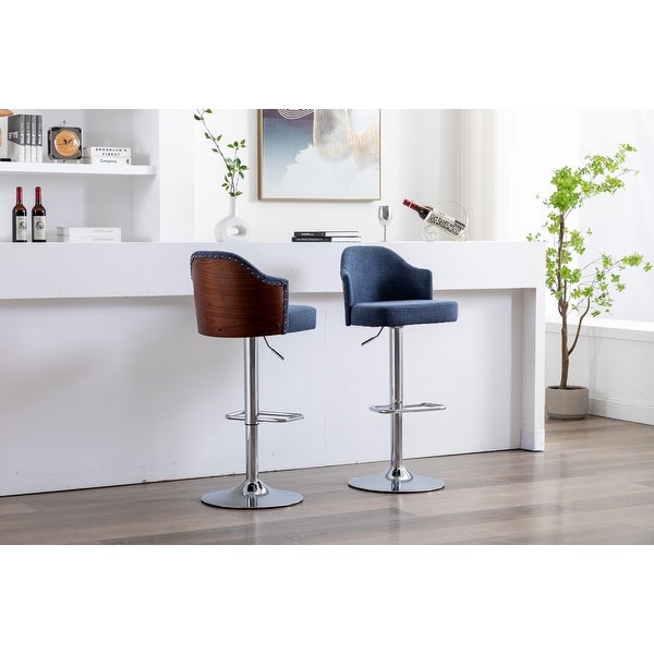 Set of 2 Counter Swivel Bar Stools Adjustable Bent Wood Back Chrome Nailhead Trim Barstools with Back