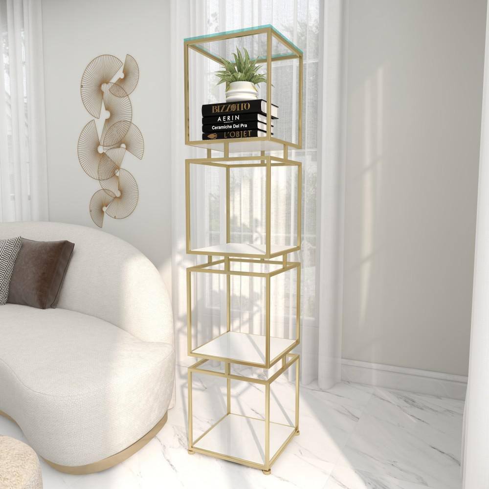 Litton Lane Metal Stationary Gold Cube Shelving Unit with 4 Marble Shelves 040244