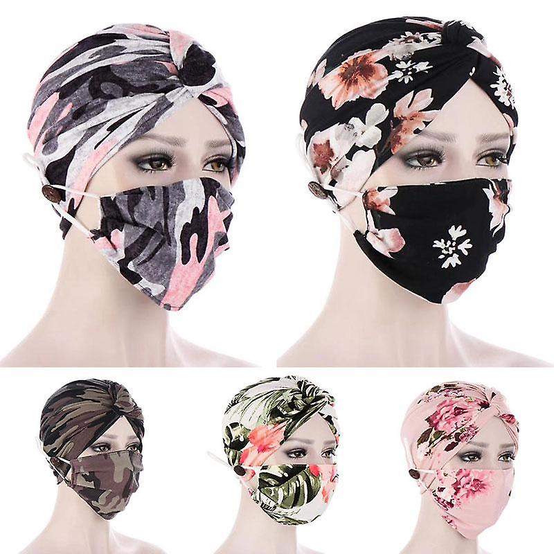 Women- Turban Head Wrap Hat With Mask Button Scarf