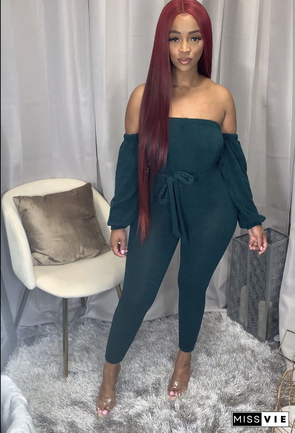 Sexy Solid Color One-word Shoulder Long Sleeve Jumpsuit