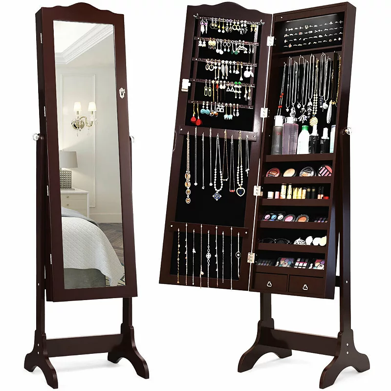 14 Led Jewelry Armoire Cabinet With Full Length Mirror And 4 Tilting Angles-coffee