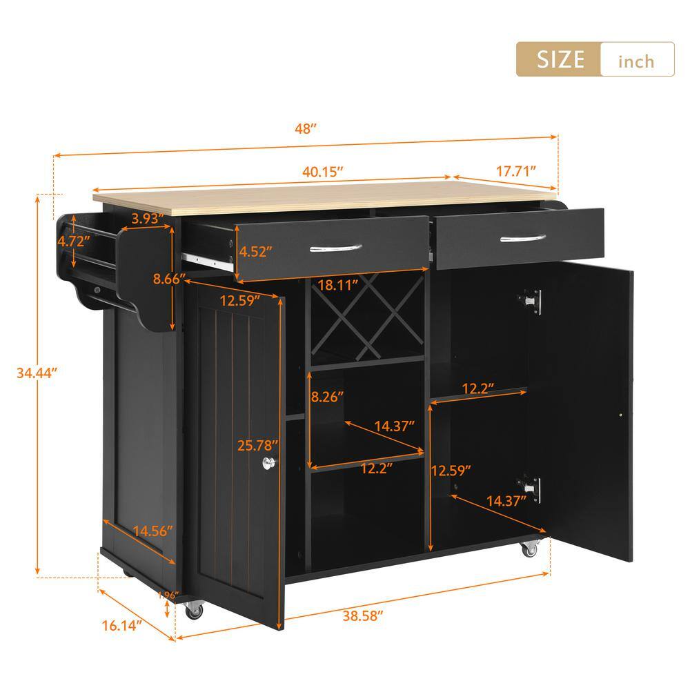 FAMYYT Black Wood Desktop 48 in. Kitchen Island with Wine Rack and Four Locking Wheels XJ-294554BK-L