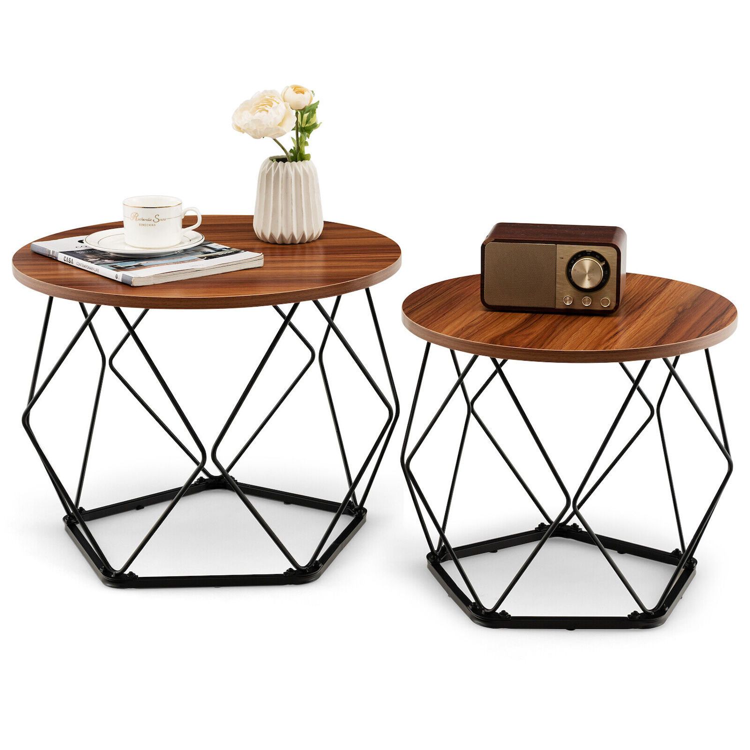 Set of 2 Modern Round Coffee Table with Pentagonal Steel Base-Rustic Brown