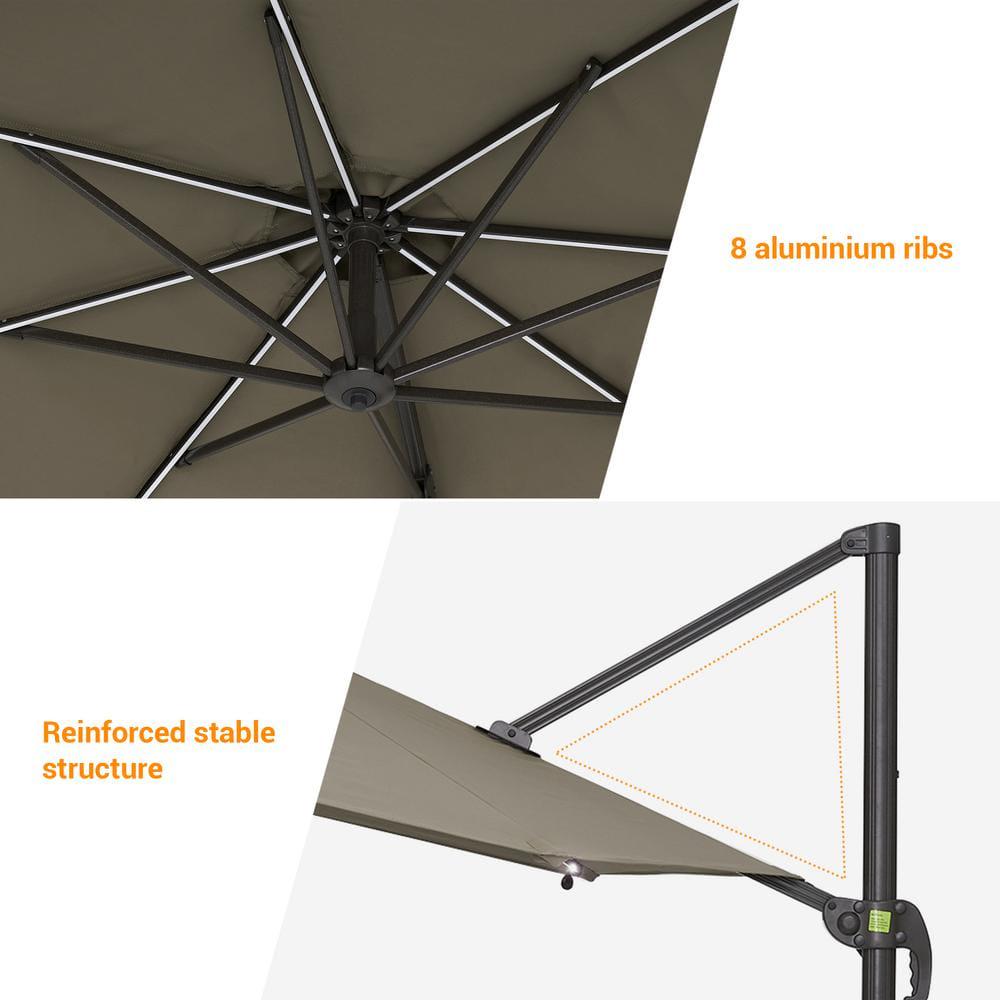 JOYESERY 10 ft Solar LED Cantilever Patio Umbrella with Cross Base Outdoor Offset Hanging 360° in Taupe