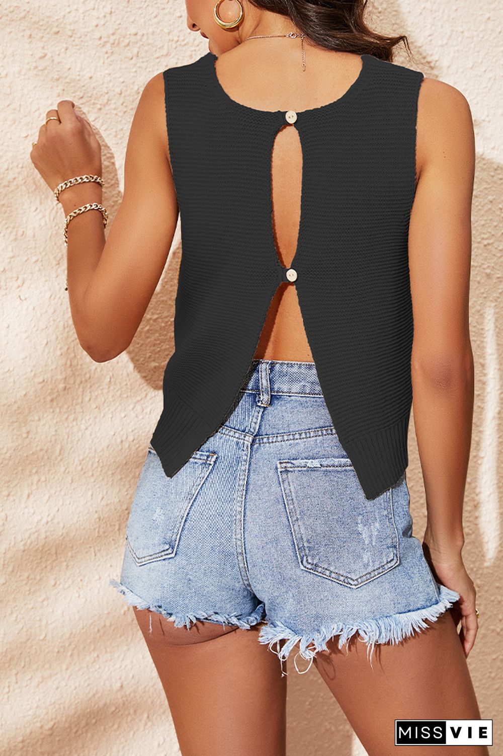 Cut Out Back Plain Knit Tank Top