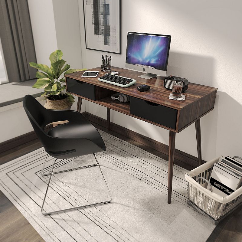 Mid Century Wooden Computer Desk With Storage Drawers