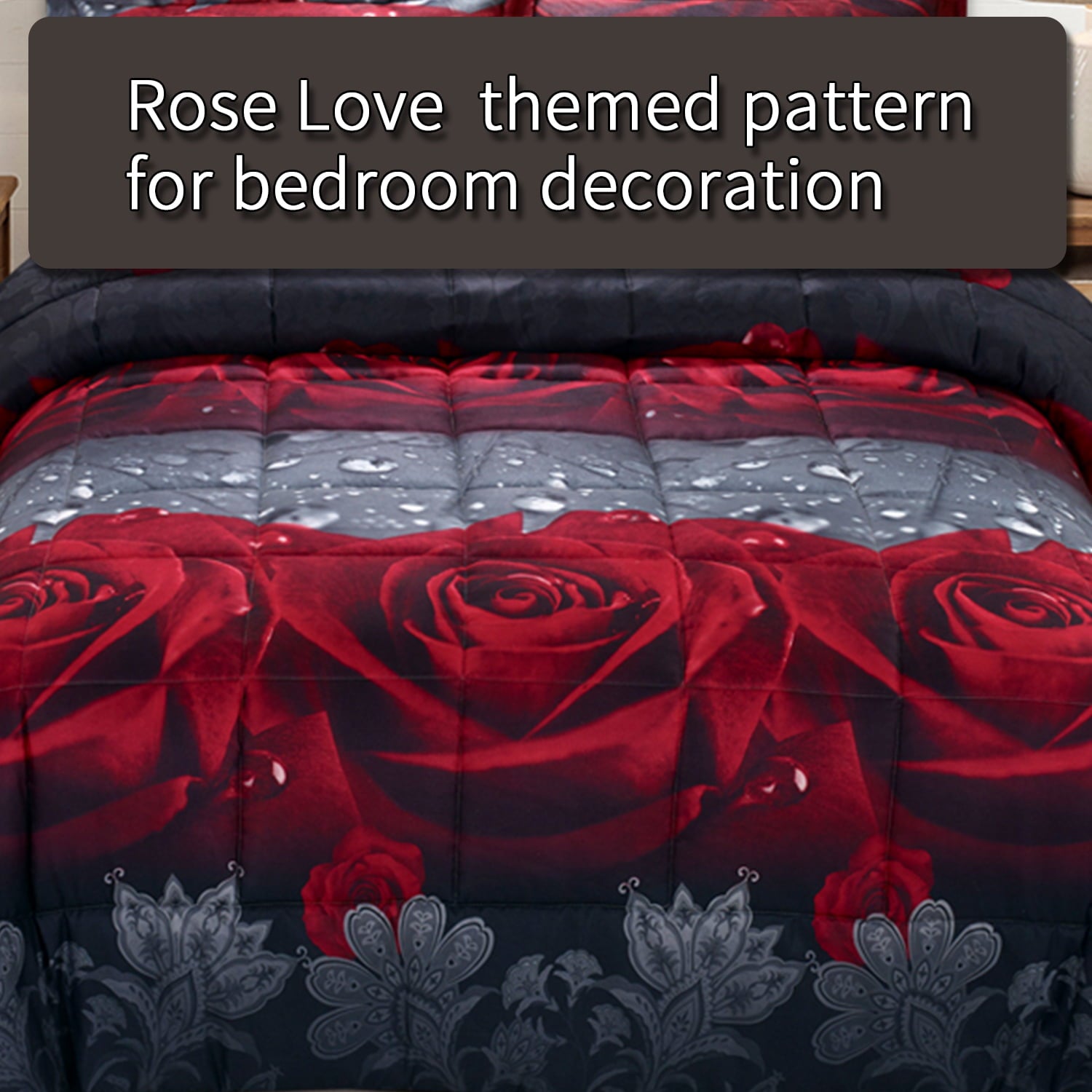 BednLinens 3 Piece 3D Rose Love Romantic Moment Print Comforter Set Queen Size (Y28)