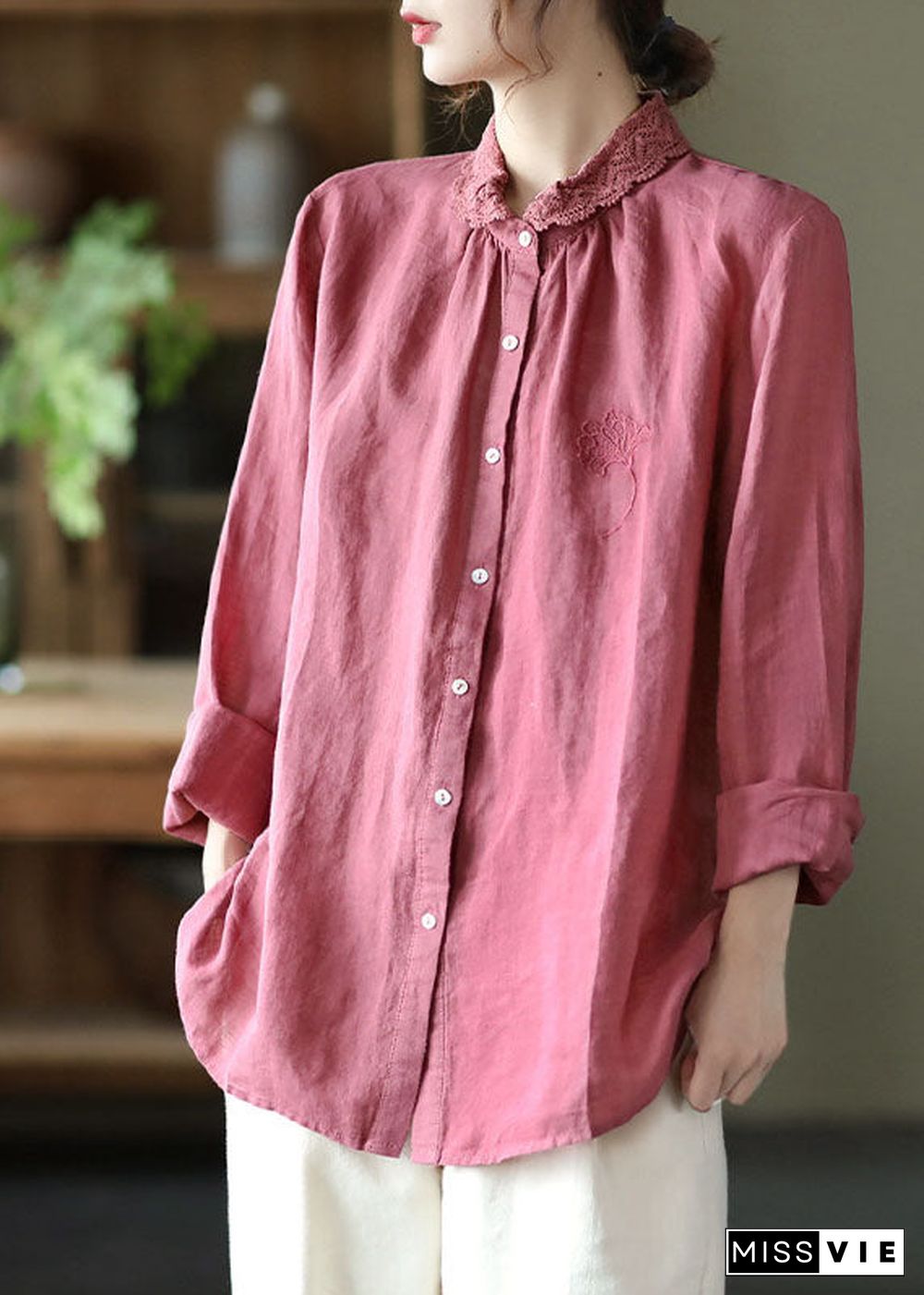 Handmade Pink Embroideried Lace Patchwork Linen Shirts Long Sleeve